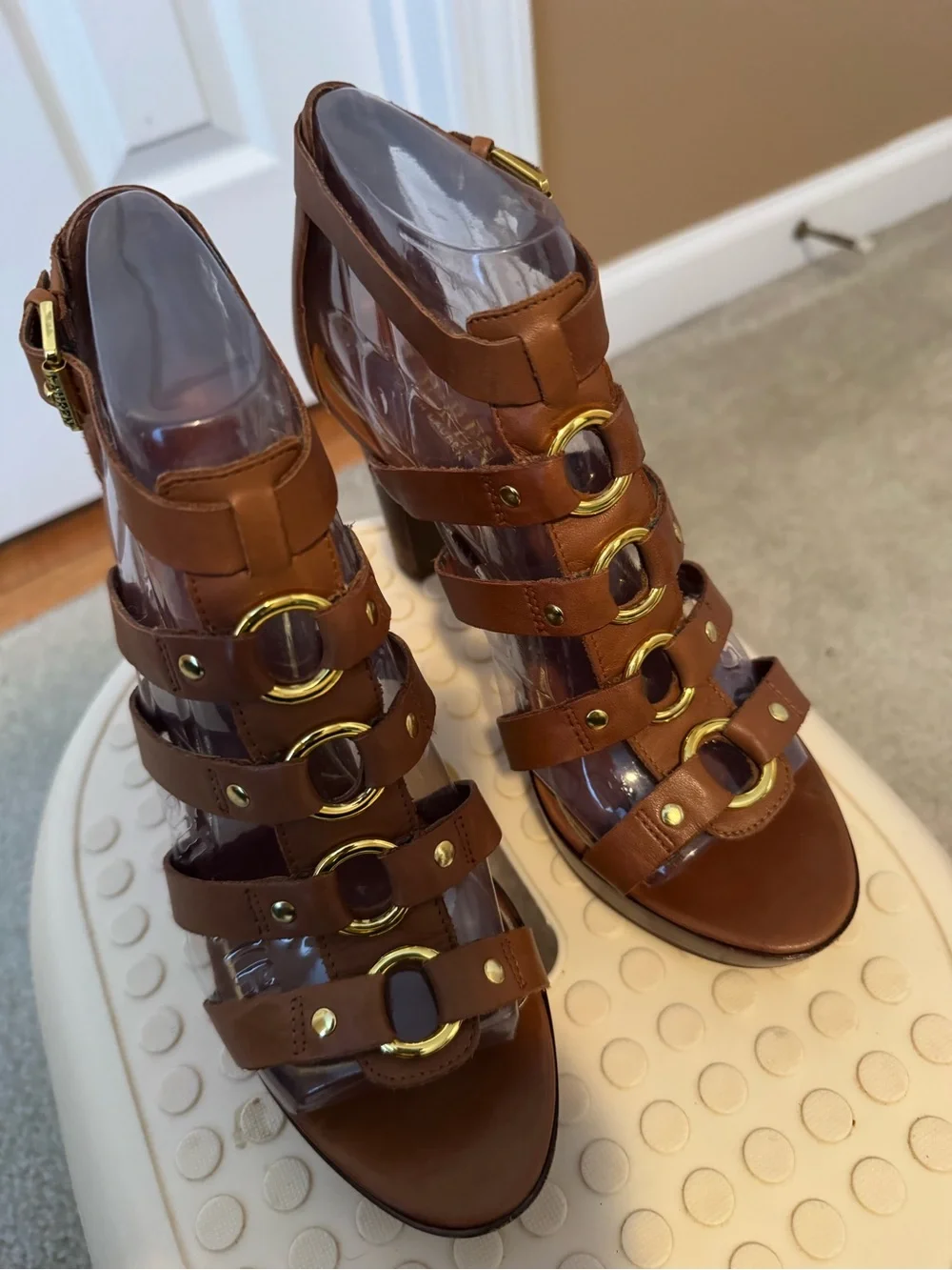 Lauren Ralph Lauren Brown Leather Multi-Strap Gladiator Heels with Gold Rings.